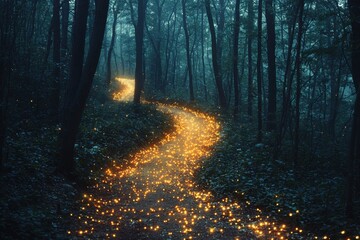 Fototapeta premium Enchanting fireflies illuminate a serene pathway in a mystical forest at dusk