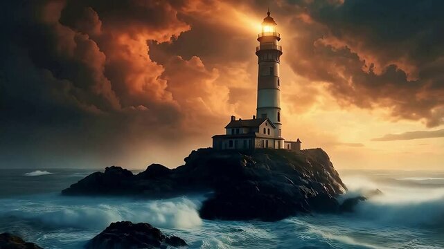 Lighthouse ocean waves stormy sky beacon tower sea coast guard light house travel scenic view. Lighthouse shines over stormy sea. Sunset sky above ocean waves. Waves crash against rocky island - Powered by Adobe