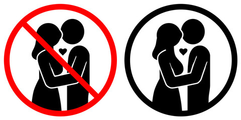 Two icons: one in a black circle showing two people being affectionate, and one in a red circle with a slash indicating that public displays of affection or dating are not allowed here.