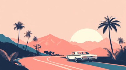 Classic car on sunset road