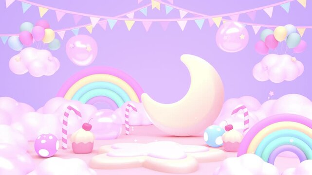 Looped cartoon empty product display podium in rainbow candy land animation.