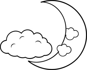 Moon With Clouds Line Art Vector Illustration