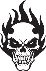 Black Flaming Skull Aggressive Fire Vector – Evil Grinning Skull Tattoo Design Illustration | Fiery Skull Illustration Featuring Flames and Bold Black Design on White Background