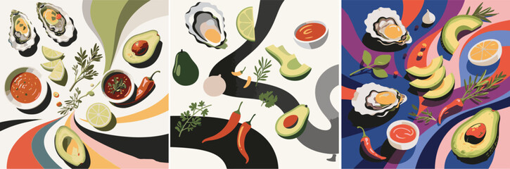Three adjacent food-themed artworks featuring oysters, avocados, and sauces with varying color palettes and stylized backgrounds.