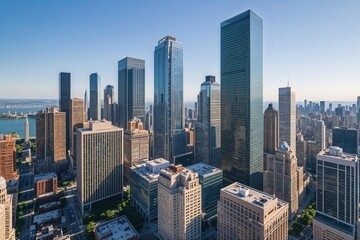 Obraz premium Aerial Perspective of Iconic Skyscrapers Showcasing Lively Urban Commercial Area Under Clear Summer Sky