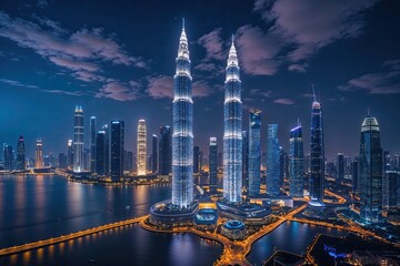 Fototapeta premium Stunning Night Skyline Showcasing Innovative Architecture and Vibrant City Lights