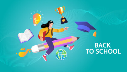 A concept of back to school and education. A happy student rides a pencil rocket on a journey to gain knowledge, symbolizing creative learning and future academic success.