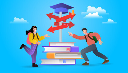 Students choosing a future path after graduation. Young graduates with books and a direction signpost making a decision on career or university. Vector illustration for education and life choices.