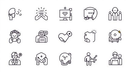 Collection of line art icons representing communication, technology, and personal interactions concepts created with generated ai