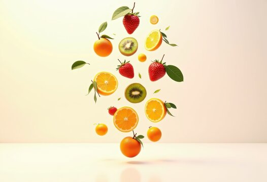 brightly colored fruits floating air white backdrop vibrant visuals full color juicy fresh produce, orange, apple, grape, kiwi, watermelon, strawberry