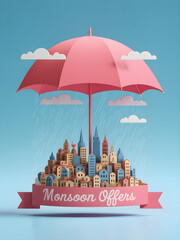 Obraz premium A vibrant cartoon summer holiday poster with an umbrella protecting from a sky of colorful rain clouds