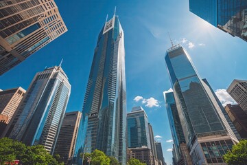 Obraz premium Breathtaking Low-Angle View of Towering Skyscrapers in Busy Business District Under Bright Summer Sky
