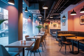 Trendy Blurred Cafe and Hazy Hallway in Vibrant Entrepreneurial Space for Informal Meetings and Breakout Sessions