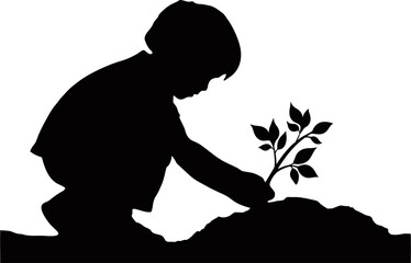 A boy is planting a tree silhouette vector