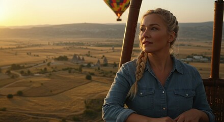 Blonde woman gazes peacefully aboard hot air balloon adventure over scenic valley landscape during sunrise experience