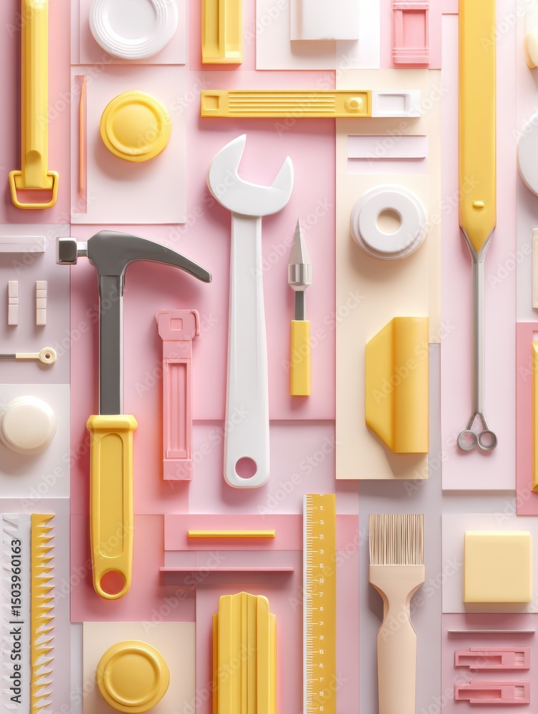 Poster icons of tools arranged over a soft construction-themed background showcasing a variety of utility i