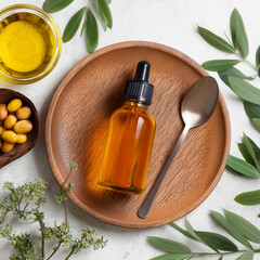 Natural Golden Oil in Glass Bottle with Spoon and Plant Elements