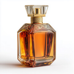 Amber Perfume Bottle with Gold Accents on White Background