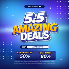 5.5 Amazing Shopping Sale discount deals with Dynamic mix Blue cyan Purple gradient Editable text memphis style Promotion marketing banner