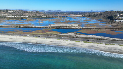 Aerial drone photo of Cardiff beach a true surfers paradise in West Coast of California, Encinitas, United States of America