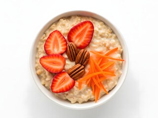 Bowl of oatmeal topped with fresh strawberries, pecans, and shredded carrots, showcasing healthy and nutritious breakfast