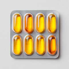 Top View of Eight Golden-Yellow Softgel Capsules in Blister Pack