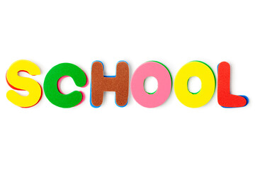 Colorful foam letters word SCHOOL photography isolated on white background.