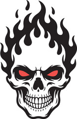 Flaming Skull with Red Eyes – Aggressive Fire Skull Tattoo Vector Illustration | Fiery Skull Illustration Featuring Flames and Bold Black Design on White Background