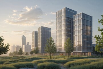 Obraz premium Serene Modern Office Building Illuminated by Soft Morning Light in a Harmonious Urban Landscape