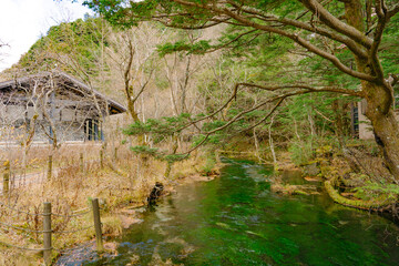 landscape view of japan alps mountain with natural forest, green river on autumn season at kamikochi Nagano.