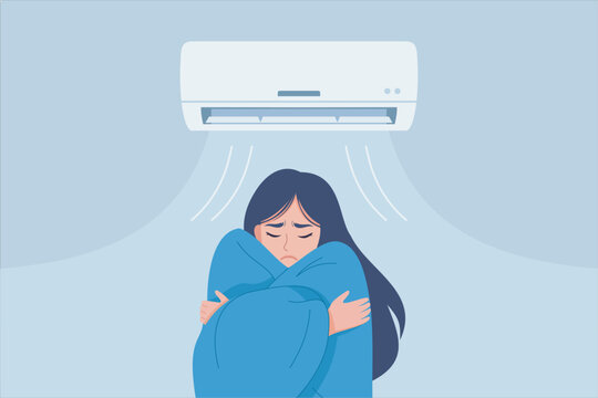 Illustration Young Woman Feeling Cold Under Air Conditioner, Wrapped in Blanket. young woman feeling cold while sitting under an air conditioner.