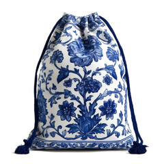 Blue and White Floral Drawstring Bag, Chinoiserie Design
