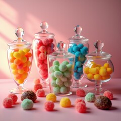 colorful assortment artisanal candy glass jars sweet treats variety sugar confectionery delights, jawbreaker, eclair, bonbon, chewy, hard, fruit, marshmallow