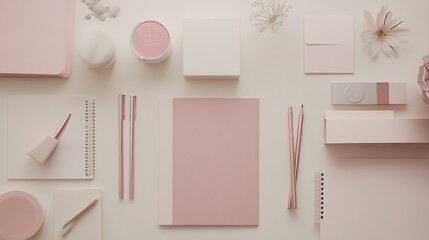 Aesthetic Flat Lay Composition of Pink Stationery Items and Decorative Elements