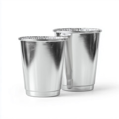 Two Silver Aluminum Disposable Cups on White Background