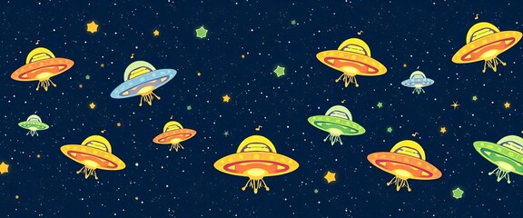 Adorable alien UFOs on a starry night, cute seamless cosmic pattern,  artwork,  bright