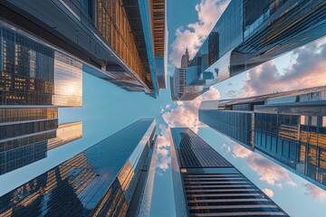 Stunning Low-Angle View of Modern Skyscrapers in Vibrant Downtown Cityscape