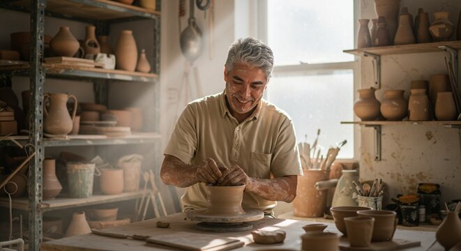 Mature potter sculpts clayware intently in studio workshop during daytime activity