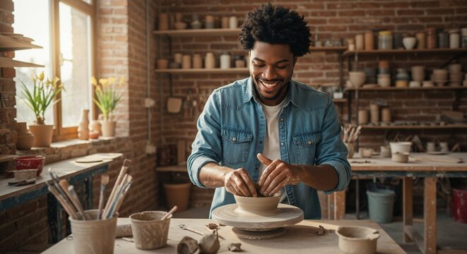 Smiling artisan shapes clay bowl on potterywheel in sunlit workshop studio craftsmanship - Powered by Adobe