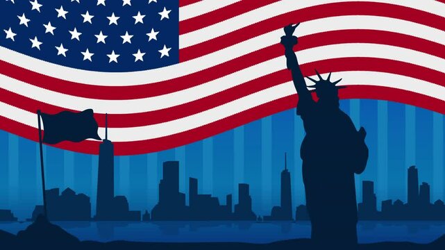 Patriotic animation featuring the Statue of Liberty, American flag, and city skyline. Perfect for Fourth of July, Independence Day, USA national celebrations, and freedom-themed projects.
