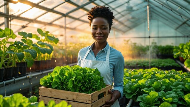 Smiling African American Woman in Greenhouse with Lettuce