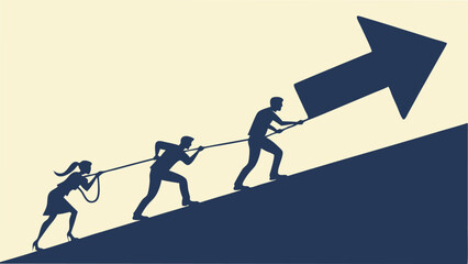 Teamwork and determination achieving business success and growth pushing an arrow uphill