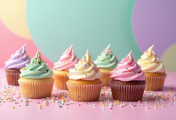 colorful cupcake display sprinkles frosting pastel background aesthetic treats decoration dessert arrangement, pastry, bakery, sugar, creamy, whipped