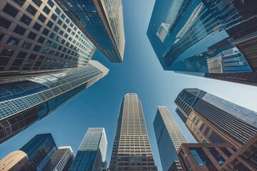 Majestic Low View of Urban Skyscrapers in a Thriving Corporate Business District