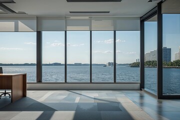 Fototapeta premium Modern Minimalist Office Overlooking Waterfront with Spacious Workspace