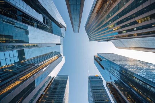 Modern Urban Skyline Featuring Finance District Architecture from an Upward Angle
