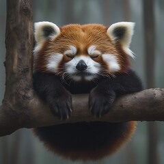 Fototapeta premium Serene red panda napping peacefully on a tree branch