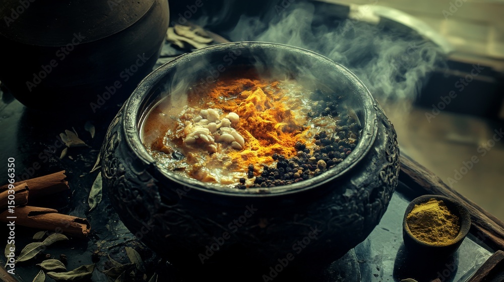 Poster An artistic shot of a pot of fragrant curry simmering on the stove, with colorful spices and herbs arranged around it, creating a rich culinary experience.