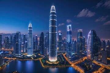 Stunning City Skyline at Night Featuring Modern Skyscrapers and Innovative Architecture