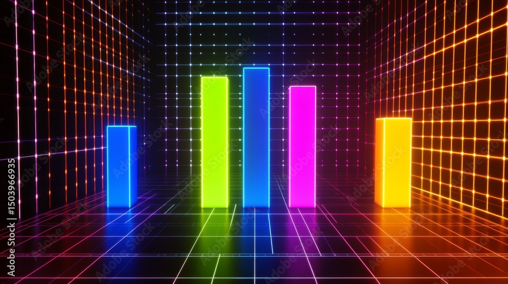 Fototapete a d bar chart in vibrant colors representing financial growth, with glowing data points and a futuri
